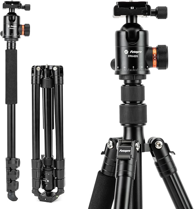 Fotopro 78" Camera Tripod, Aluminum Compact Travel Tripod and Monopod with 360° Ball Head Quick Release Plate, Professional Camera Tripod for DSLR, Load up 17.63lbs