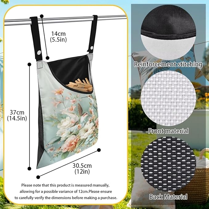 Hummingbird Floral Clothes Pin Bag to Hang On Line Reusable Clothespin Holder Laundry Room Clothespin Holder with Large Opening Space-Saving Clothespin Storage Solution