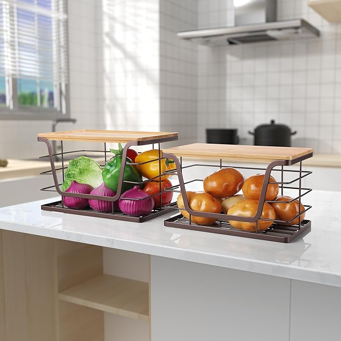 ALOCEO 2 Pack Large Pantry Baskets with Bamboo Lip, Stainless Steel Garbage Bag Holder Dispenser Countertop Storage, Stackable Kitchen Storage Bins for Fruit Onion Potato Vegetable, Brown