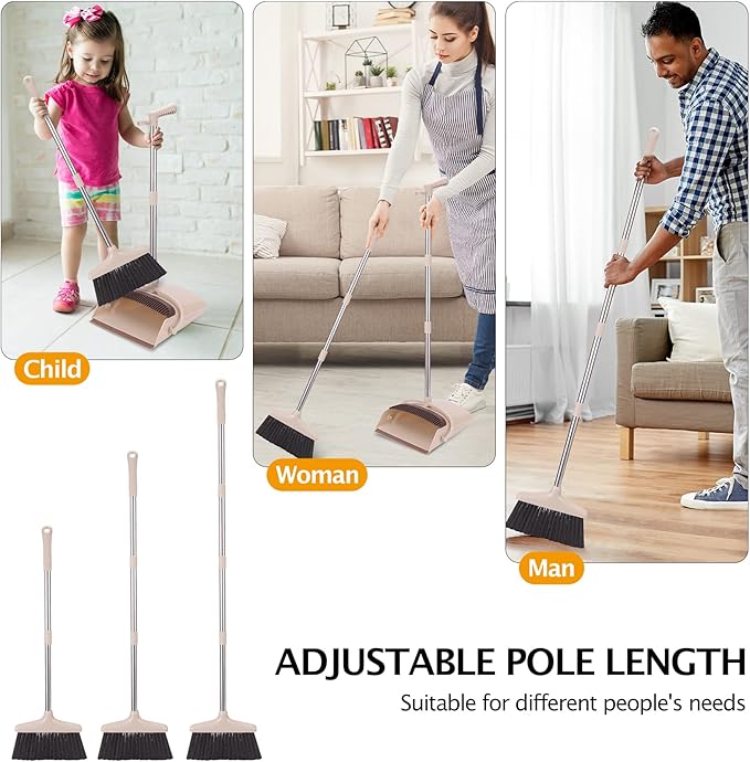 Broom and Dustpan Set with Long Handle, Light Weight Stainless Steel Poles Stand Upright Dustpans with Broom Combo for Home Kitchen Office Pet Dog Hair, Brown & Beige Color, 1-Pack