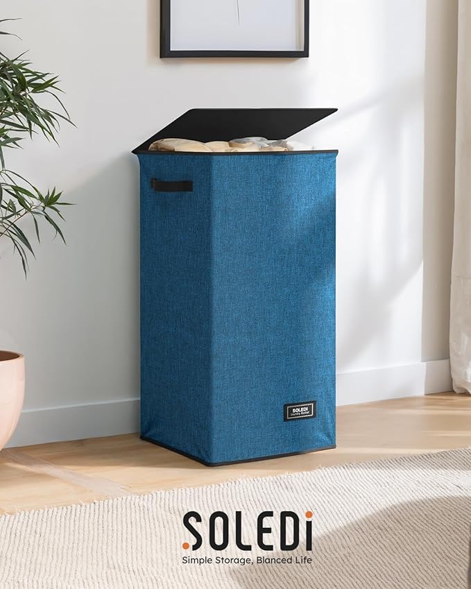 SOLEDI Laundry Hamper with Lid 100L Large & Tall Collapsible Laundry Baskets, Clothes Hamper with Bag Removable Easy to Carry, Dirty Hampers for Bedroom, Bathroom, Dorm, College, Blue