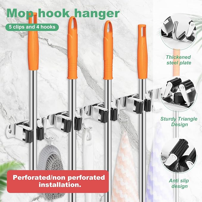 3Pcs 5 Racks 4 Hooks Stainless Steel Broom Mop Holder Anti Slip Wall Mount - Image 3