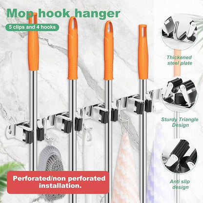 2Pcs 5 Racks 4 Hooks Stainless Steel Broom Mop Holder Anti Slip Wall Mount - Image 3