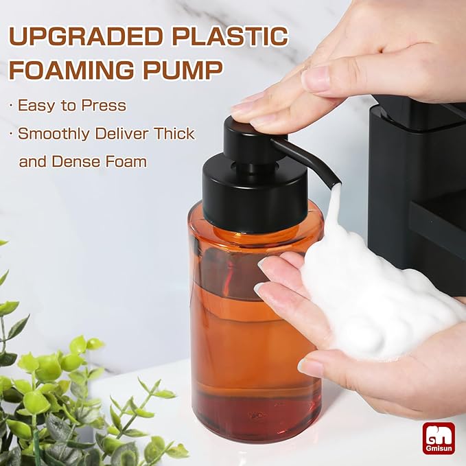 GMISUN Glass Foaming Soap Dispenser, 10 Fl oz / 300ml Amber Glass Soap Dispenser for Bathroom & Kitchen, 2 Pack Modern Refillable Foam Hand Soap Dispensers, Bathroom Hand Soap Dispensers with Labels