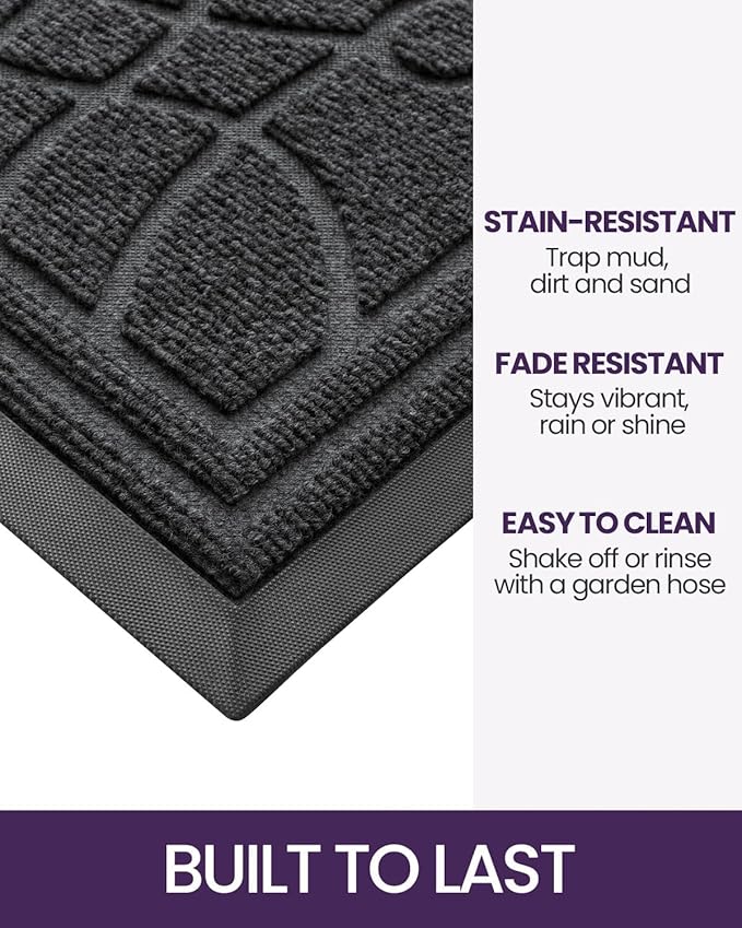 DEXI Front Door Mat Outside Entrance, Heavy Duty Non Slip Low Profile Doormat for Entryway, Trap Dirt and Moisture Welcome Mats, Easy Clean, Patio, Garage, 3x2, Grey