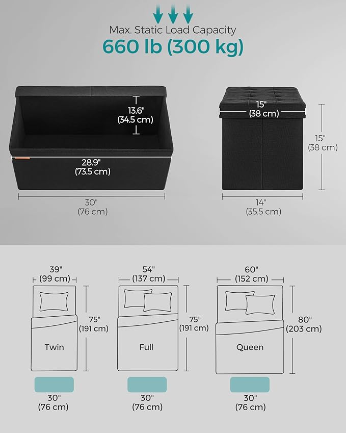 SONGMICS Mazie Collection - 30 Inches Storage Ottoman, Foldable Storage Bench with Flipping Lid, 660 lb Load Capacity, for Entryway, Living Room, Bedroom, Ink Black ULSF046B01