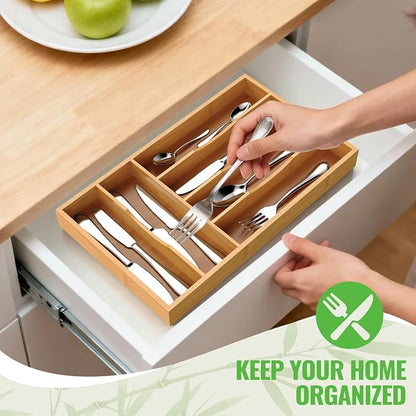 Bamboo Silverware Organizer, Bamboo Kitchen Drawer Cutlery Organizer, Utensil - Image 4