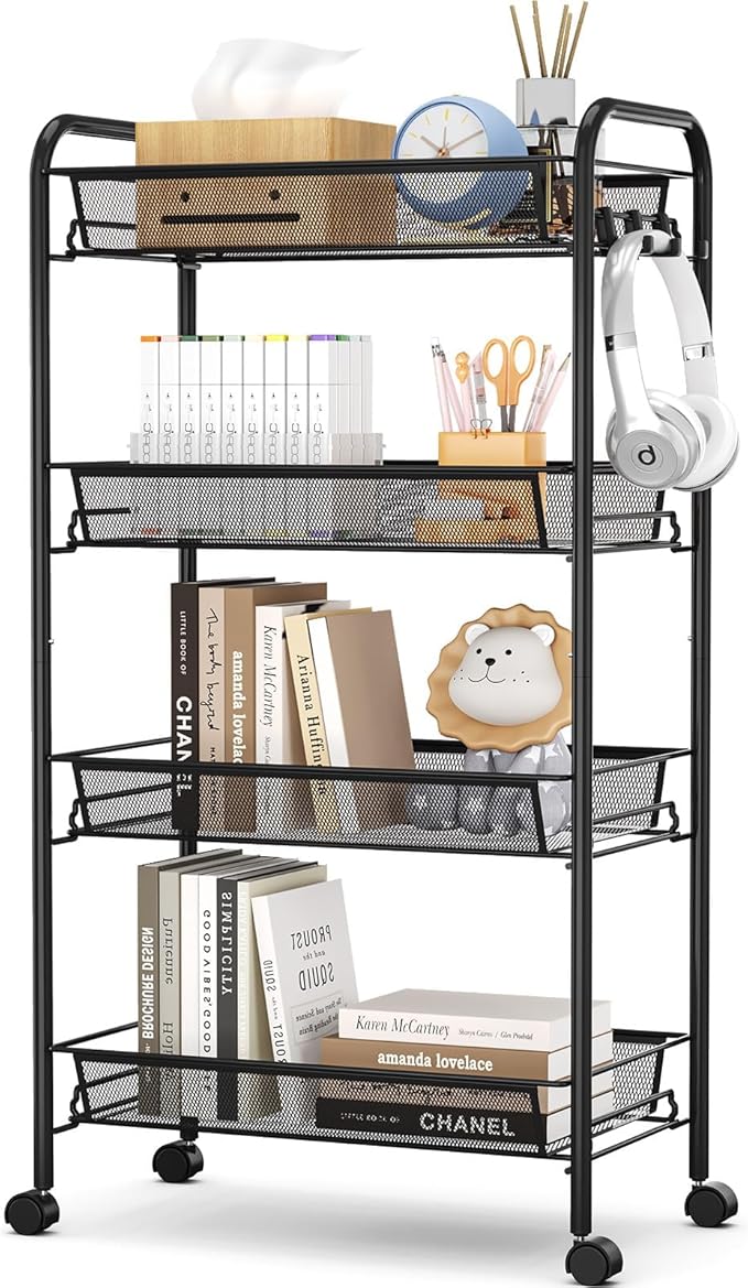 TOOLF 4-Tier Rolling Cart, Metal Utility Cart with 3 Hooks, Easy Assemble Mobile Storage Trolley On Wheels, Metal Shelving Units Kitchen Bathroom Laundry Room
