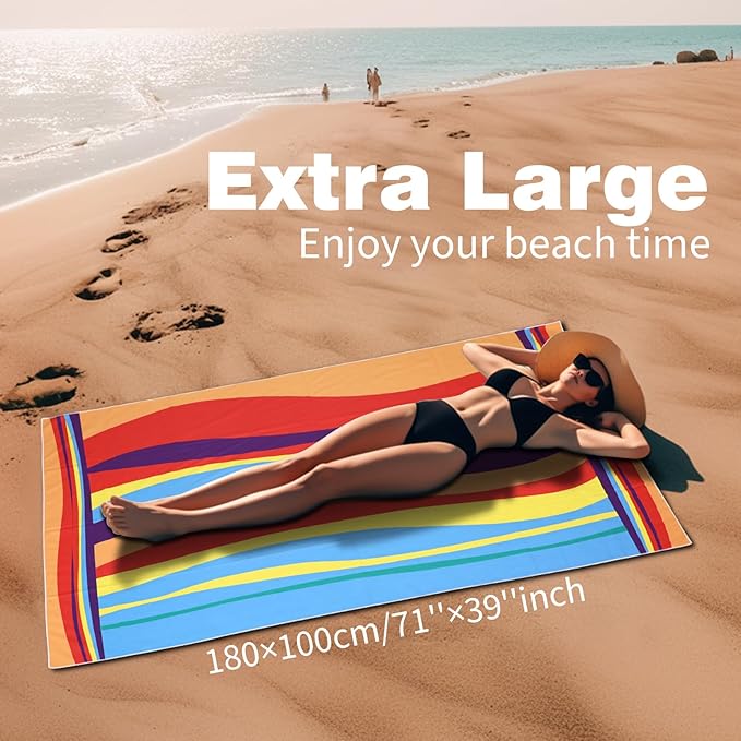 Large Beach Towel, 71" x 39" Oversized Lightweight Compact Quick Dry Sand Free Towel for Travel Swim Pool Yoga Gym Camping (Multicolored Wave)