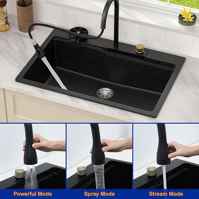 Dcolora Waterfall Smart Kitchen Sink 33x22 Drop In Single Bowl Multifunctional Kitchen Sinks With Faucet And Cup Washer,33 Inch Granite Composite (Black) DC-SFDOE00002