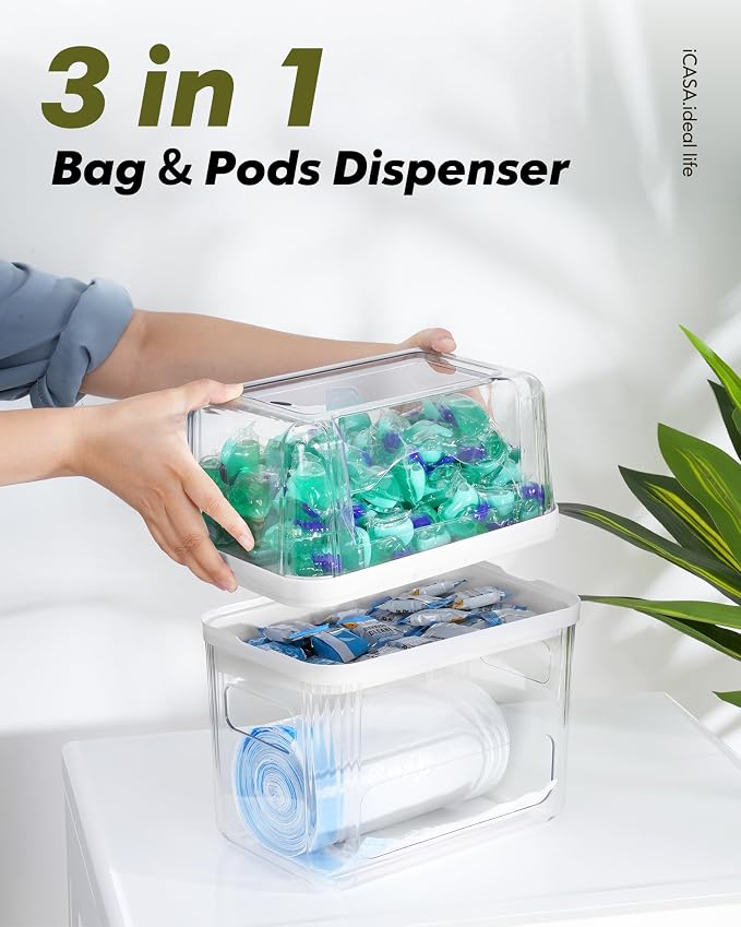 iCASA Trash Bag Dispenser Dishwasher Pod Organizer, 3 in 1 Grocery Garbage Bags - Image 2