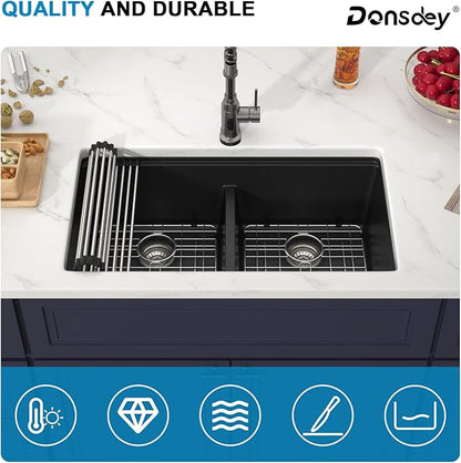 33 Inch Black Undermount Granite Composite Kitchen Sink Under Counter Quartz Single Bowl Sink Workstation Sinks with Accessories Quick Drain Noise Reduction Home Renovation Classic Style