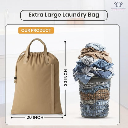 LFH Home Cotton Canvas Large Laundry Bag with Handle, Heavy Duty Drawstring Closure Washable Laundry Bags, School Travel, Home, Hotel, College Dorm, Organizer Sack, Toys Clothes 20x30-Beige