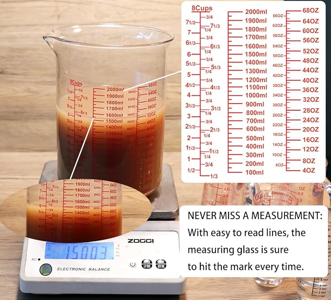 3 Piece Glass Measuring Cup Set, Includes 2-Cup, 4-Cup, and 8-Cup High Borosilicate Glasss Liquid Measuring Cups, Dishwasher, Freezer, Microwave, and Preheated Oven Safe, Essential Kitchen Tools