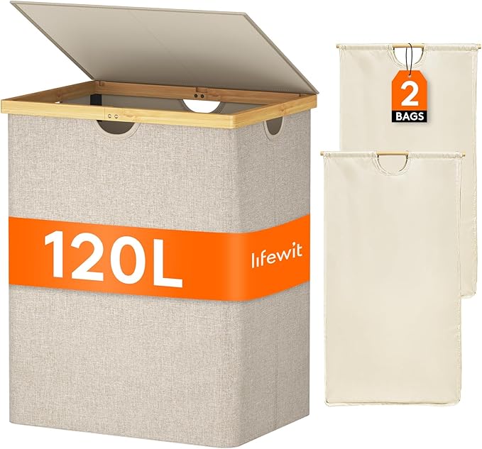 Lifewit 120L Double Laundry Hamper with Lid, Extra Large Bamboo Laundry Basket Dirty Clothes Hamper, 2 Section Laundry Bin Organizer for Laundry Room Bedroom with 2 Removable Liners & Bags, Beige