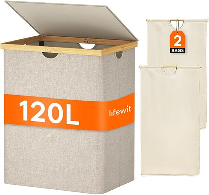 Lifewit 120L Double Laundry Hamper with Lid, Extra Large Bamboo Laundry Basket Dirty Clothes Hamper, 2 Section Laundry Bin Organizer for Laundry Room Bedroom with 2 Removable Liners & Bags, Beige