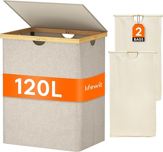 Lifewit 120L Double Laundry Hamper with Lid, Extra Large Bamboo Laundry Basket Dirty Clothes Hamper, 2 Section Laundry Bin Organizer for Laundry Room Bedroom with 2 Removable Liners & Bags, Beige