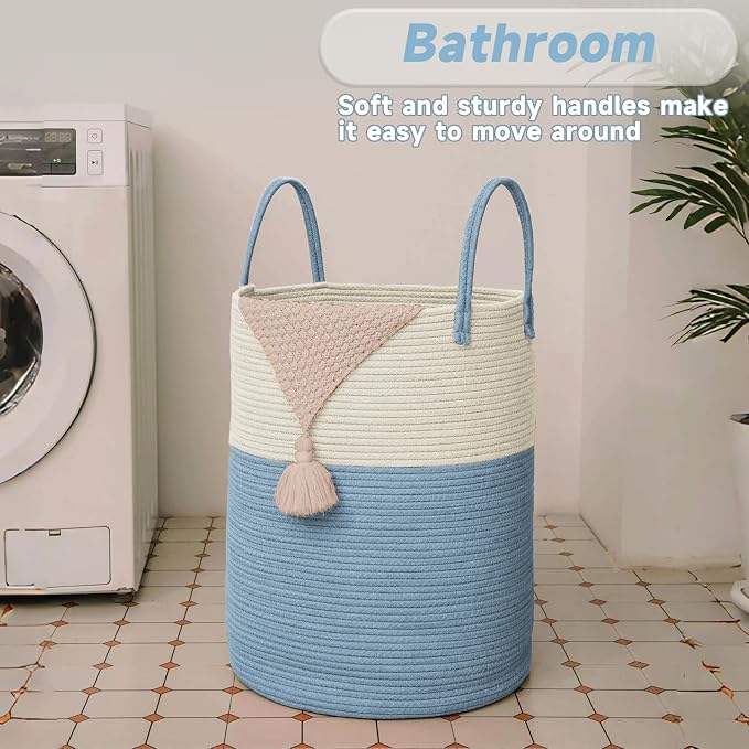 Large Woven Laundry Basket Hamper, 60L Cotton Rope Storage Bin - Image 5