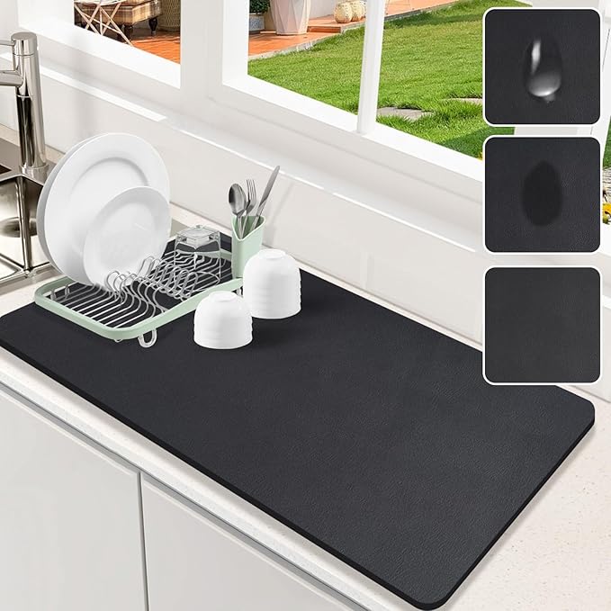 Dish Drying Mat for Kitchen Counter, 17"x31.5" Dish Drying Pad with Non-slip Rubber Backed, Hide Stain Anti Absorbent for Kitchen Counter, Drying Mat for Coffee Machine Dish Rack (Black)