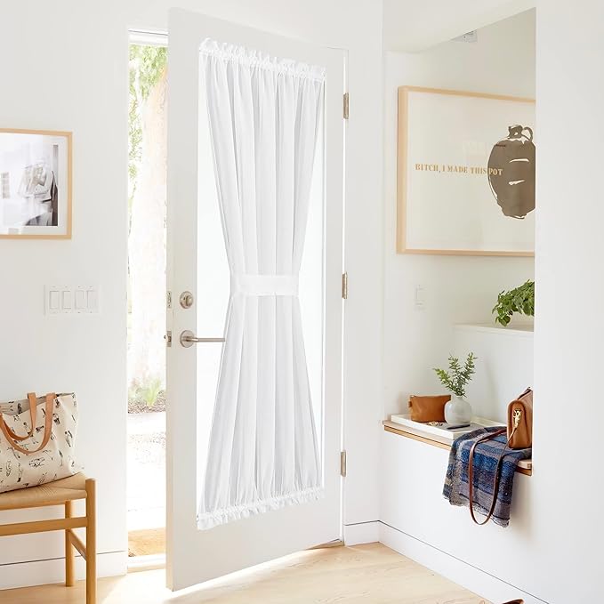 NICETOWN Faux Linen French Door Curtain 72 Inch Length Farmhouse Window Curtains Country Rustic Door Curtain Panel with Tieback, Rod Pocket Light Filtering Shade, 1 PC, White, 52" Width