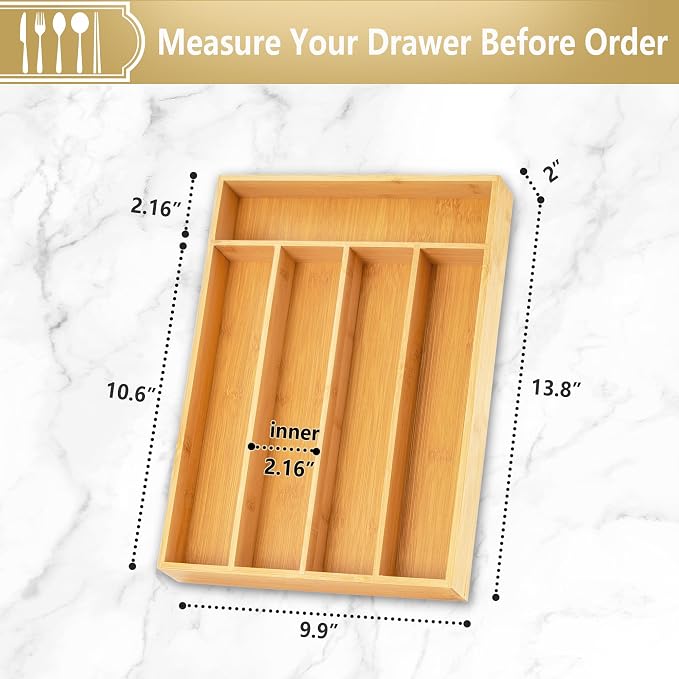 Silverware Organizer, 10 Inch Utensil Organizer Kitchen Drawer Organizer Bamboo - Image 2