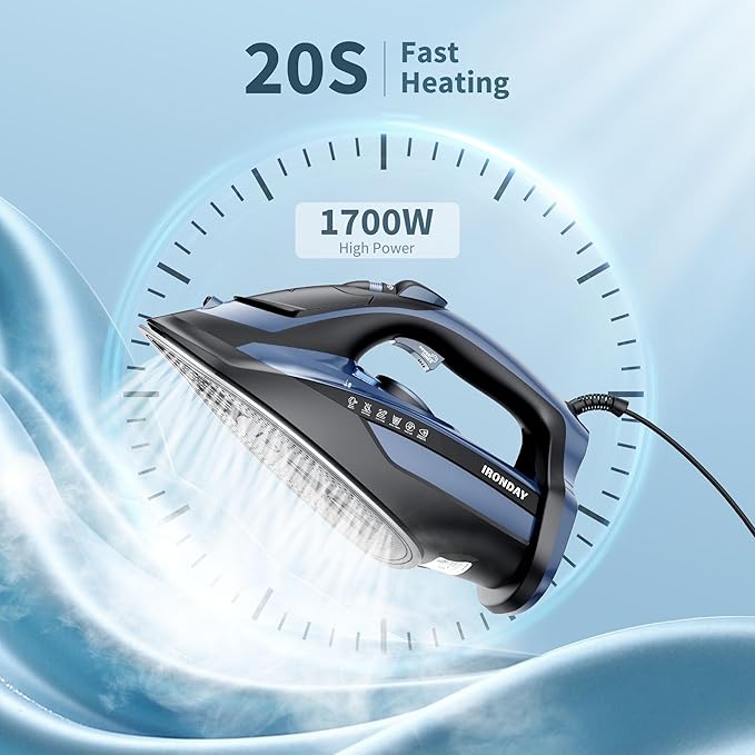 Steam Iron for Clothes Fast Heating, 1700W Iron Precision with Thermostat Dial, Ceramic Soleplate, Auto shutoff, Burst Steam, Self-Cleaning, 15.21oz Water Tank Ironing Clothes for Home, Blue