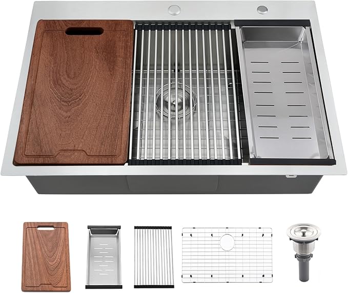 33x22 Drop In Kitchen Sink Workstation-Bokaiya Stainless Steel Kitchen Sink 33x22 Top Mount Drop In Workstation 16 Gauge 10" Handmade Deep Single Bowl Kitchen Sinks with Cutting Board