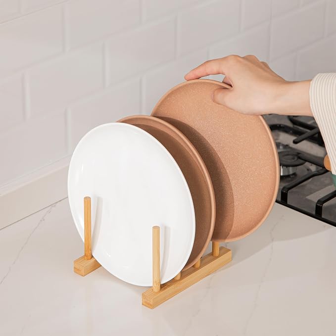 HBlife 2pcs Bamboo Dish Plate Bowl Cup Book Pot Lid Cutting Board Drying Rack - Image 4