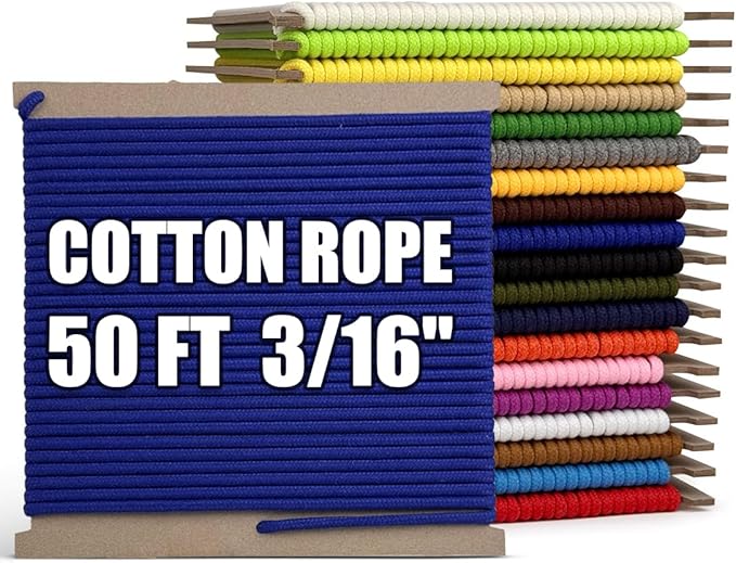 PerkHomy 500lb Cotton Rope 3/16" (5mm) 50 ft Multi Purpose Utility Diamond Braided Cord, Natural Cotton for Clothes Line Camping Crafting Flag Pole, Blue