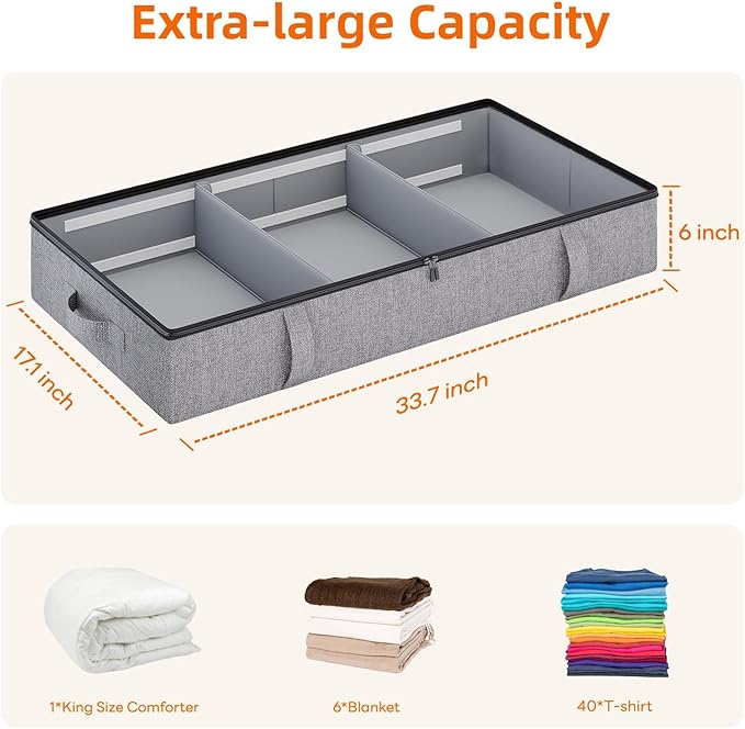 Vailando Under Bed Storage, 2 Pack Under Bed Storage Containers with Dividers, Firm Sides, Strong Zipper, 3 Reinforced Handles, 6 Inches Low Profile Underbed Storage Bins for Clothes, Blankets, Grey