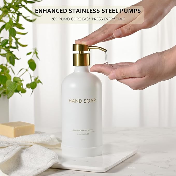 Glass Soap Dispenser Set by Janxin,Bathroom Soap Dispenser Set with Ceramic Tray,Luxury Bathroom Accessories,Modern Kitchen Decor (White+Gold(Hand Soap))