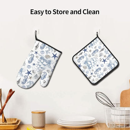 Navy Blue Oven Mitts and Pot Holders Sets Summer Beach Starfish Seashell Oven - Image 6