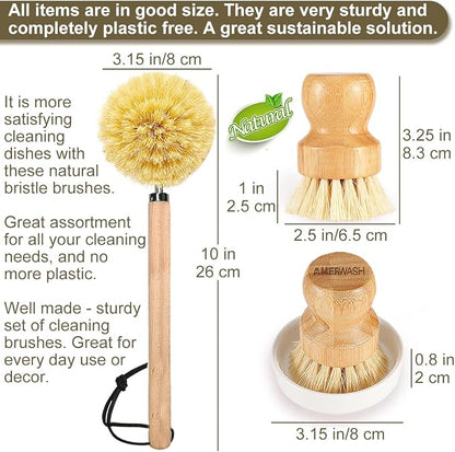 Wooden Dish Brush Set Clean Pots, Pans and Vegetable, Natural Bristles Bamboo - Image 2