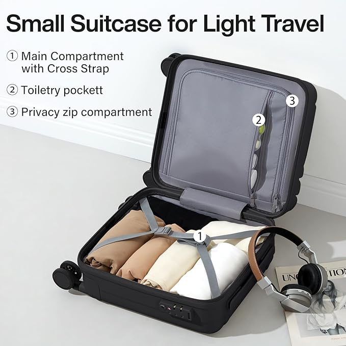 Hanke 14 Inch Underseat Carry On Luggage with Wheels Hard Shell Suitcases Carry On Bag Lightweight Small Mini Suitcase Tsa Luggage for Travel.（Jet Black）