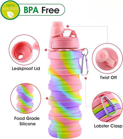 Collapsible Water Bottles for Travel, Foldable Sports Water Bottle for Kids, Reusable Water-proof Silicone Water Bottles with mountaineering Buckle for Camping Hiking Holiday