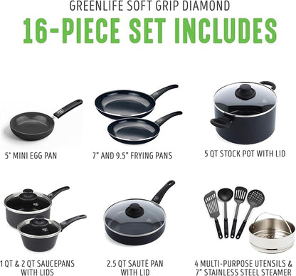 GreenLife 16 Piece Nonstick Cookware Set, Soft Grip Non-Toxic PFAS-Free Ceramic - Image 3