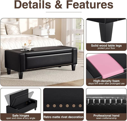 48.8" Storage Ottoman Bench Black | Faux Leather Bedroom Bench - Image 5