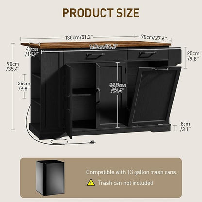 Kitchen Island with Power Outlet & Drop Leaf, Rolling Storage Cart with Trash - Image 2