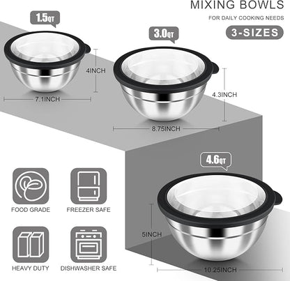 HaWare Mixing Bowls with Airtight Clear Lids, 6-Piece Stainless Steel Strong - Image 2