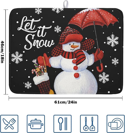 Black Snowman Dish Drying Mats for Kitchen Counter, Winter Snowflake Dish Mat - Image 2