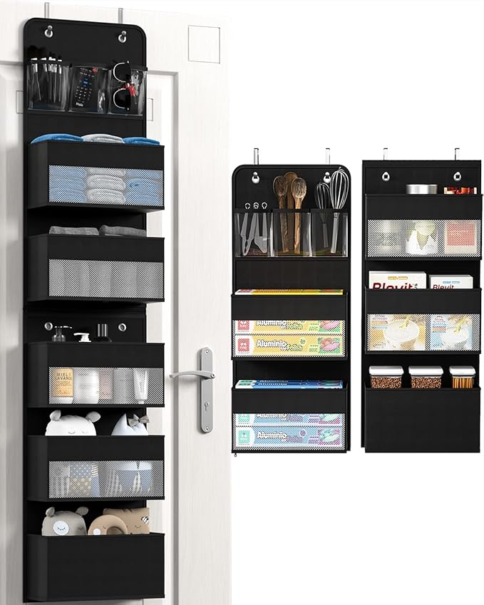 Over Door Organizer, 6 Shelf Camper Storage for RV Bathroom, Behind The Door Storage, Hanging Organizers for Toy Diaper Bedroom Closet (Black)