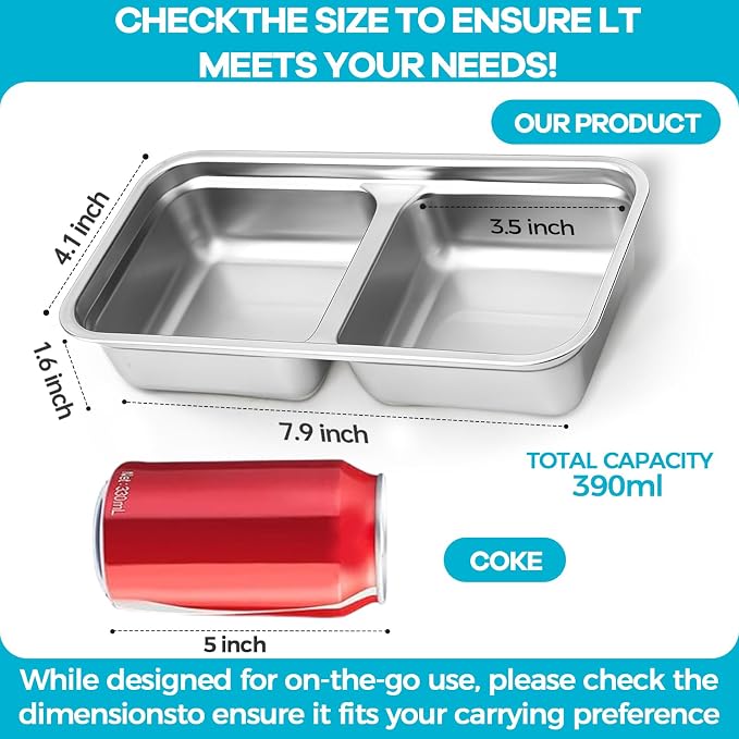 4 Pack Stainless Steel Snack Containers Reusable, Grab and Go 2 Compartment - Image 2