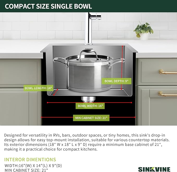 18-Inch Bar Sink Drop-In, SINKVINE Stainless Steel Kitchen Sink for Laundry Outdoor, RV, Top Mounted with Deep Single Bowl, 3.5" Drain Strainer, Bottom Rise Grid, Roll-up Drying Unit, 18 x 18 inch