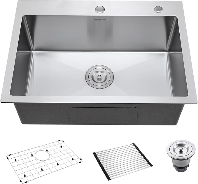 25-Inch Drop-In Kitchen Sink, SINKVINE 25" x 18" Stainless Steel Indoor and Outdoor Sink, Top Mount Large Deep Single Bowl Sink for Laundry Room, with Drain Strainer, Bottom Grid, Roll-up Drying Unit