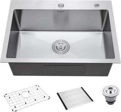 25-Inch Drop-In Kitchen Sink, SINKVINE 25" x 18" Stainless Steel Indoor and Outdoor Sink, Top Mount Large Deep Single Bowl Sink for Laundry Room, with Drain Strainer, Bottom Grid, Roll-up Drying Unit