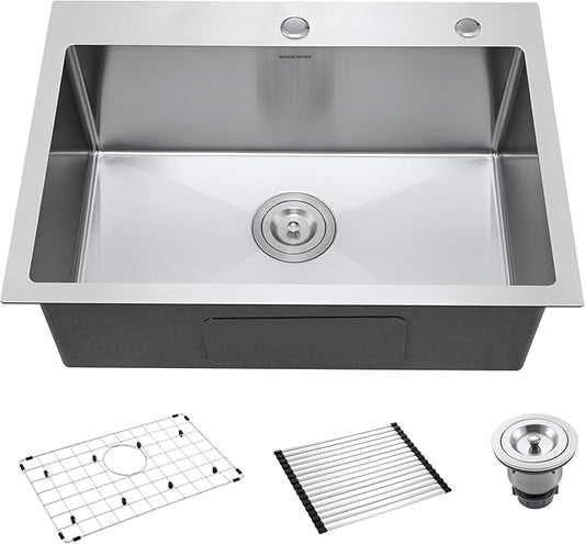 25-Inch Drop-In Kitchen Sink, SINKVINE 25" x 18" Stainless Steel Indoor and Outdoor Sink, Top Mount Large Deep Single Bowl Sink for Laundry Room, with Drain Strainer, Bottom Grid, Roll-up Drying Unit