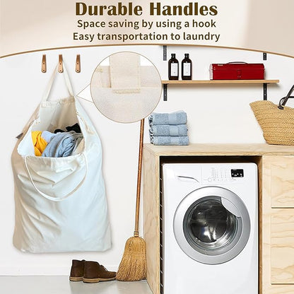 Canvas Laundry Bag with Handles & Drawstring Closure 27.5”x35", Thick Cotton Laundry Bag Heavy Duty Washable Dirty Clothes Travel Sack for Camp, College Dorm, Laundromat (Beige L, 2 Pack)