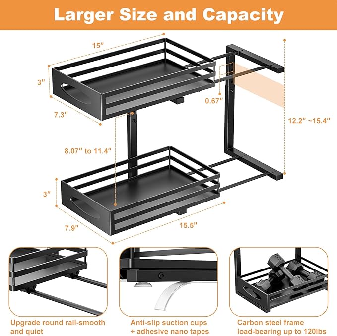 Under Sink Organizer, 2 Tier Under Sink Organizers and Storage, Adjustable Height, Slide out Metal Cabinet Organizers, Pull out Cabinet Storage Drawer Shelf for Kitchen Bathroom Black, 1 Pack