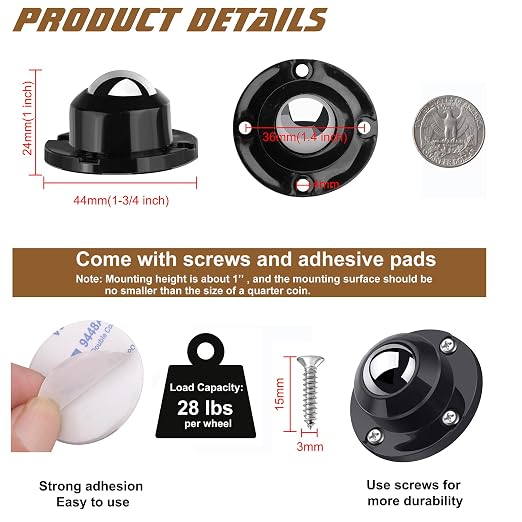 PlusRoc 4 Pack 1 Inch Self Adhesive Paste Caster Wheels - Image 2