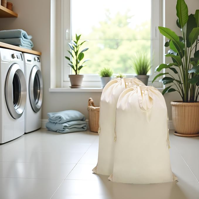 Canvas Laundry Bag with Handles & Drawstring 23.6"x35", Dirty Clothes Travel Bag, Heavy Duty Washable Cotton Laundry Sack for Travel, Camp, College (2 Pack)